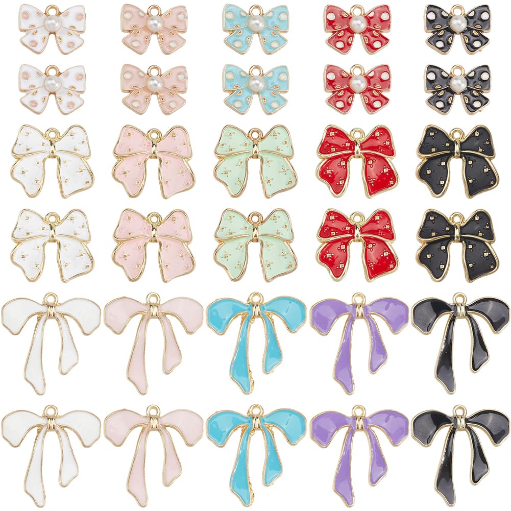 SUNNYCLUE 1 Box 30 Pcs 3 Styles Enamel Bow Charms Bowknot Charms Colorful Alloy Metal Cute Red Green Black Blue Purple Bowknots Charms for Jewellery Making DIY Crafts Necklace Bracelet Supplies Gifts