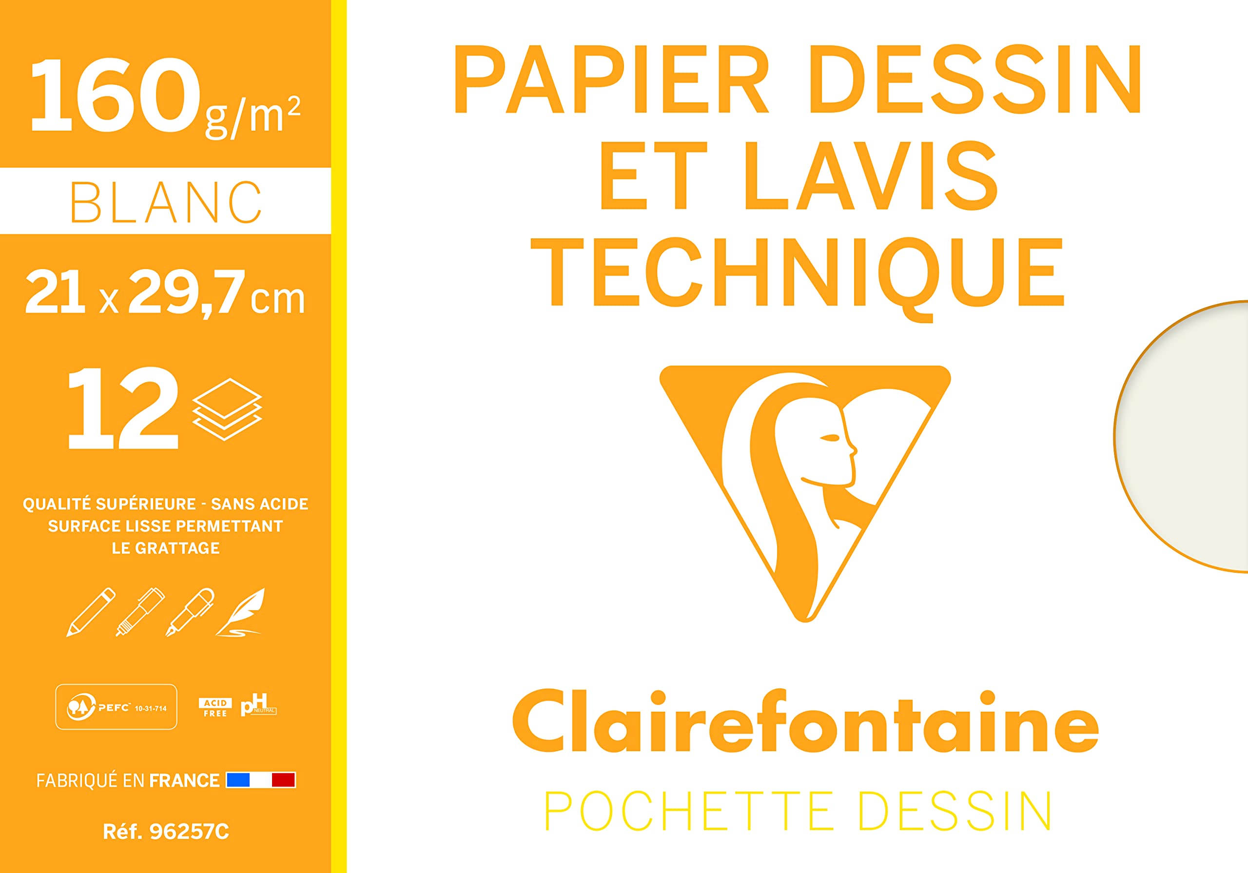 Clairefontaine - Ref 96257C - Technical Drawing Paper (Pack of 12 Sheets) - A4 (210 x 297mm) in Size, 160gsm Paper, Suitable for Light Washes, Envelope Packet