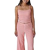 ROAONOCOMO Women Floral 2 Piece Lounge Set Spaghetti Strap Crop Camisole Elastic Waist Wide Leg Pajama Pants Sleepwear