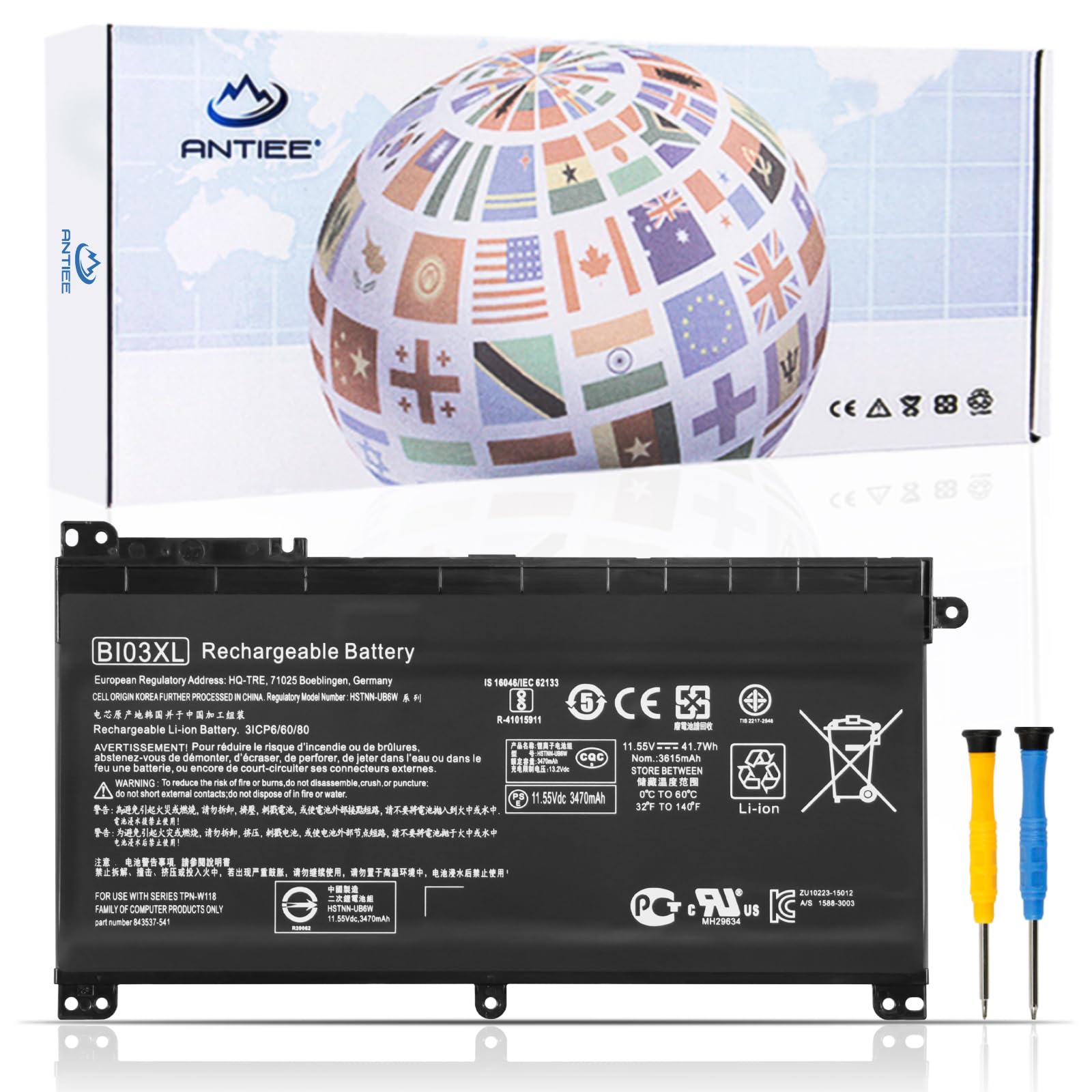 ANTIEE BI03XL ON03XL Laptop Battery Compatible withHP Pavilion X360 13-U M3-U M3-U001DX M3-U103DX 13-U100TU 13-U100TU 13-U118TU Stream 14-AX 14-ax010wm 14-ax020wm 14-ax030wm Series 41.7Wh 11.55V