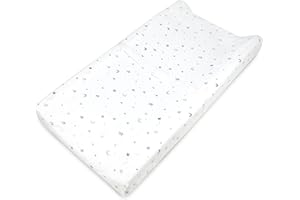 TL Care Printed 100% Cotton Jersey Knit Fitted Contoured Changing Table Pad Cover, Grey Stars and Moon