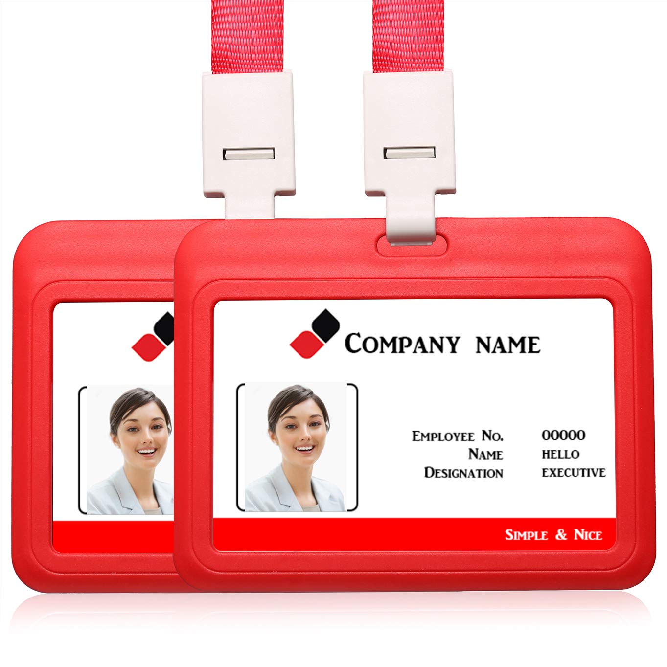 2PCS Horizontal ID Card Badge Holder with Lanyard Neck Strap Name Tag Card Holder Student Card Work Card ID Card (Red)