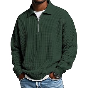 Polo Shirts for Men Waffle Long Sleeve Quarter Zip Oversized Blouses Casual Collared Lightweight Textured Knit Tops