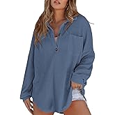 Poetsky Womens Waffle Knit Tops 2026 Oversized Long Sleeve Henley Shirts Fall Casual V Neck Loose Fit Tunic Blouse