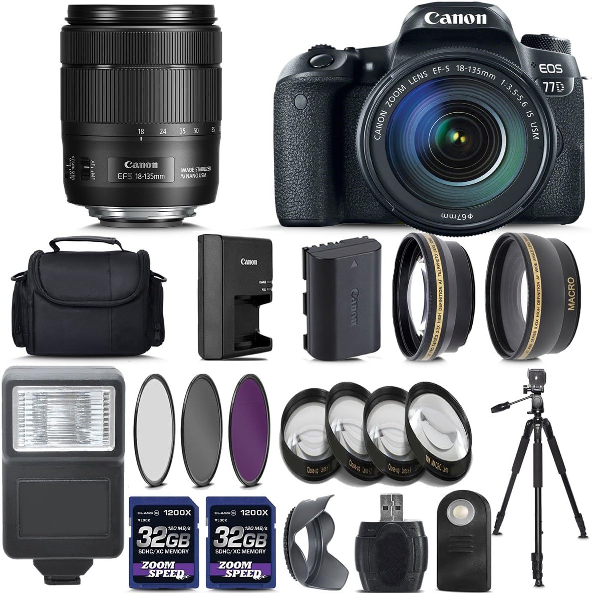Canon EOS 77D Digital SLR Camera + 18-135mm is USM Lens + 2X 32GB + Telephoto + Wide-Angle Lens + Filters + Flash + Case…