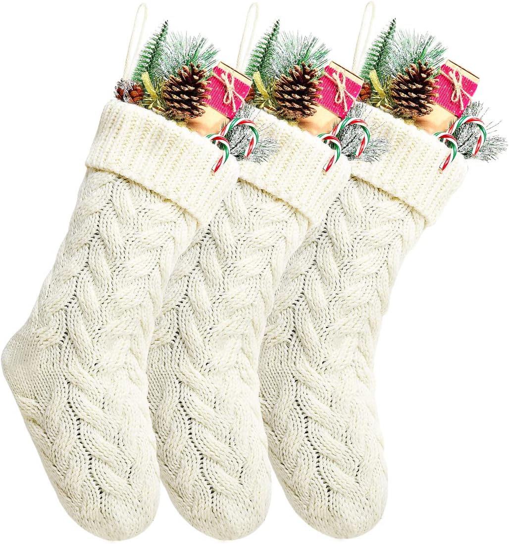 Stockings & Holders - Kunyida Christmas Stockings 20 Inch Ivory Cable Knit Stockings Christmas for Family Holiday Fireplace Decoration, 3 Pack