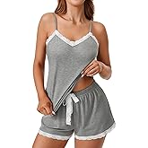 Vrtige Womens 2 Piece Set Lace Trim V Neck Cami Top and Drawstring Tie Shorts Pajama Set
