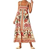 WDIRARA Women's Boho Floral Sleeveless Ruffle Maxi Dress Tropical Graphic Tie Shoulder Smocked Cami Dresses