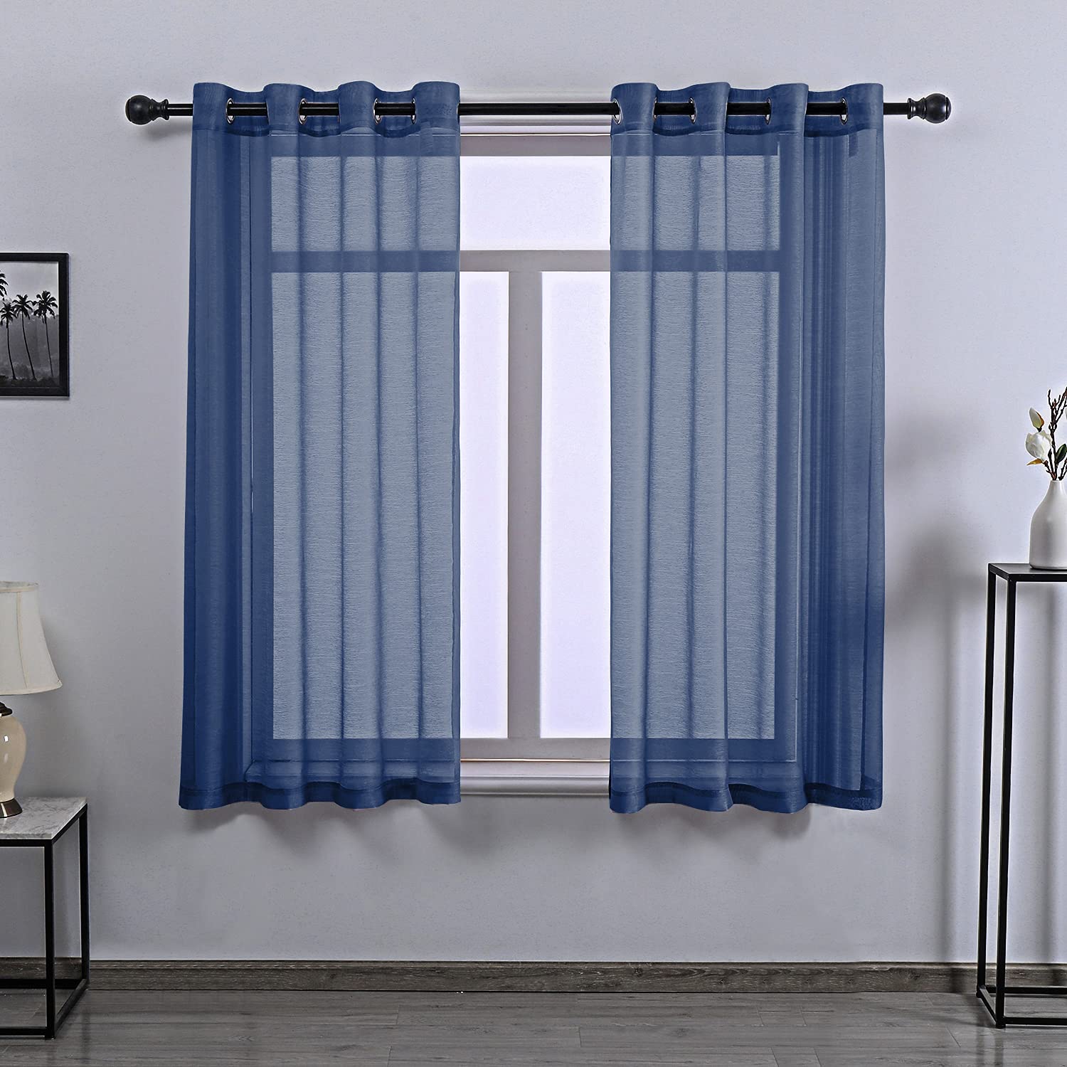 DONREN 2 Piece Textured Semi Sheer Voile Window Curtain Panels for Kitchen Small Short Windows,Luxury Soft Grommet Top Curtains (52 W x 45 L,Dark Blue)