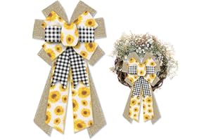Hying Large Spring Bows for Wreath, Burlap Dots Sunflower Bow for Front Door, Village Buffalo Plaid Flower Wreath Bows for Party Decor Indoor Outdoor Wall Spring Summer Decoration Supplies Ornament
