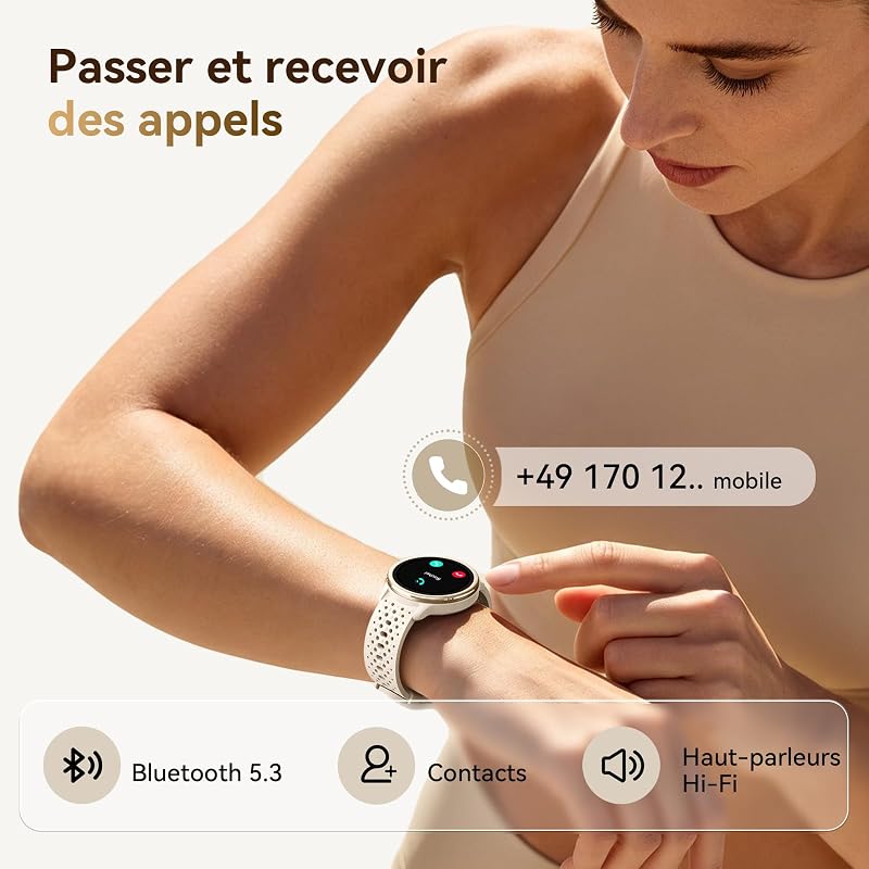 Montre Connectée Femme Ronde 1.27'' Smartwatch Homme 2 Bracelet 120+ Modes Sport 250+ Cadran Etanche 3ATM Fréquence Cardiaque/SpO2/Sommeil Podomètre Fitnes Watch pour Android Samsung iPhone Abricot — photo 5 sur 8