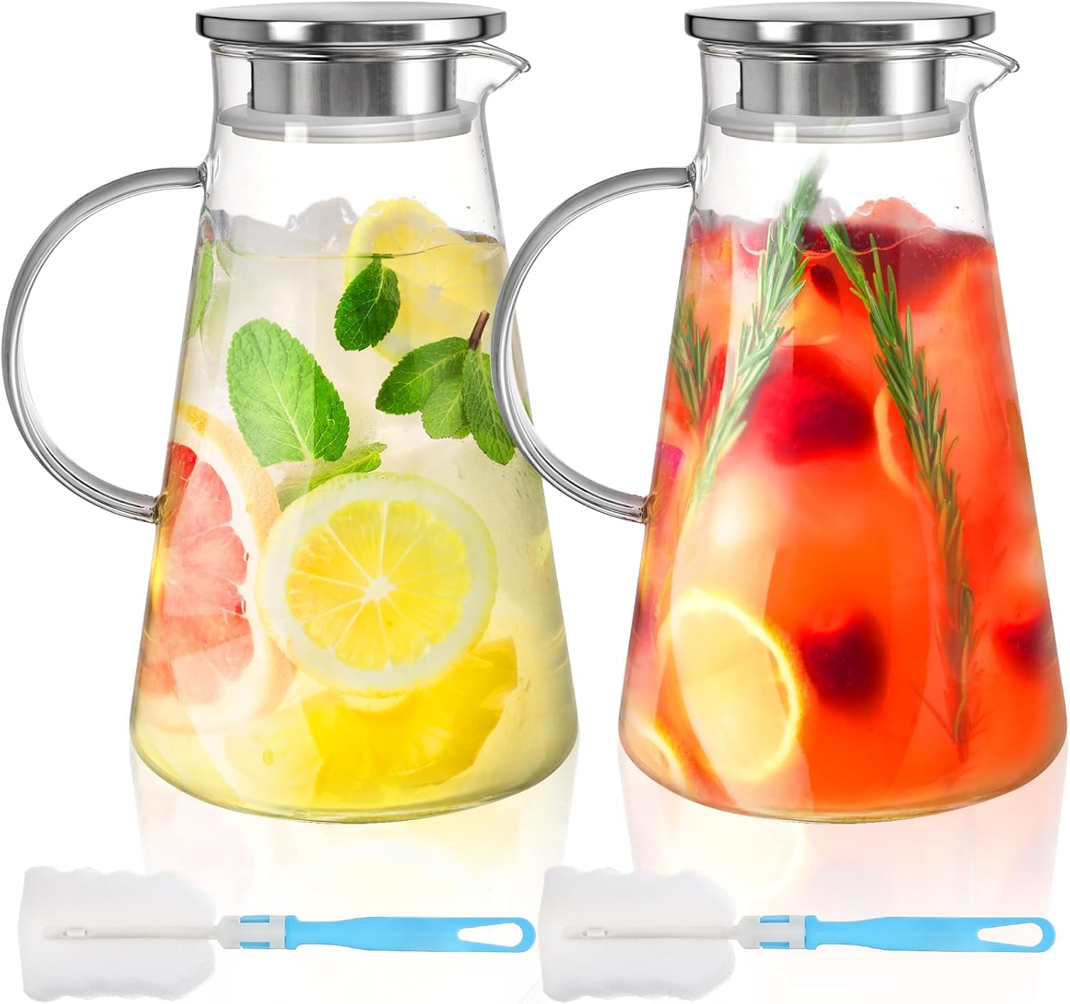 WUWEOT 2 Pack 2 Liter Glass Pitcher with Lid, BPA-Free Glass Water Jug Carafe Heat Resistant Ice Tea Pitcher for Juice, Sangria, Lemonade, Milk, Coffee, Cold and Hot Beverages