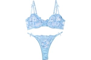 Lilosy Sexy Underwire Cute Push Up Strappy Embroidered Mesh Sheer Lingerie Set See Through Panty Bra