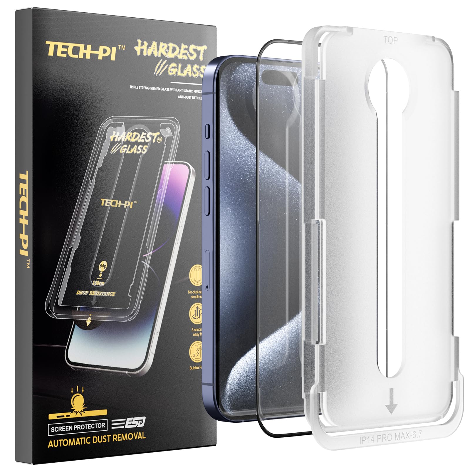 TECH-PI Screen Protector Tempered Glass Protector Phone Tempered Glass Film with Easy Installation Tool,HD Clear,Anti-Shatter,Compatible with 14Pro Max