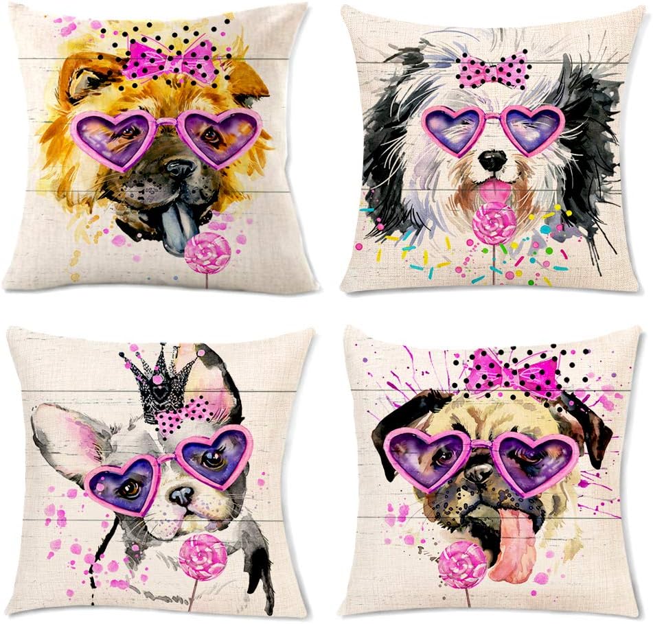 Animals Throw Pillow Covers Decor Cute Pet Dog Pattern Pillow Covers Watercolor Puppy Design Throw Pillow Case Cushion Cover Modern Sofa Bedroom Car Home Decorative 18 x 18 Inch 45 x 45 cm Set of 4