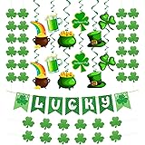 31Pcs St Patricks Day Decorations Pre-Assembled Shamrock Lucky Banner Garlands Clover Hanging Swirls Irish Decor for Home Sai
