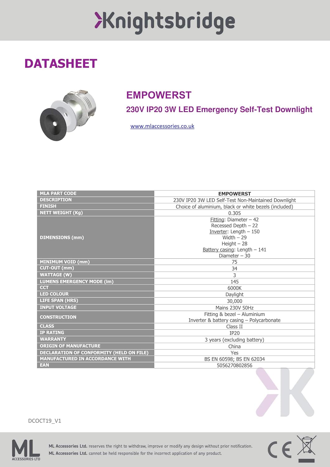 Knightsbridge Emergency Downlight, 3 W, White, Daylight + Selftest, 34mm - Image 5