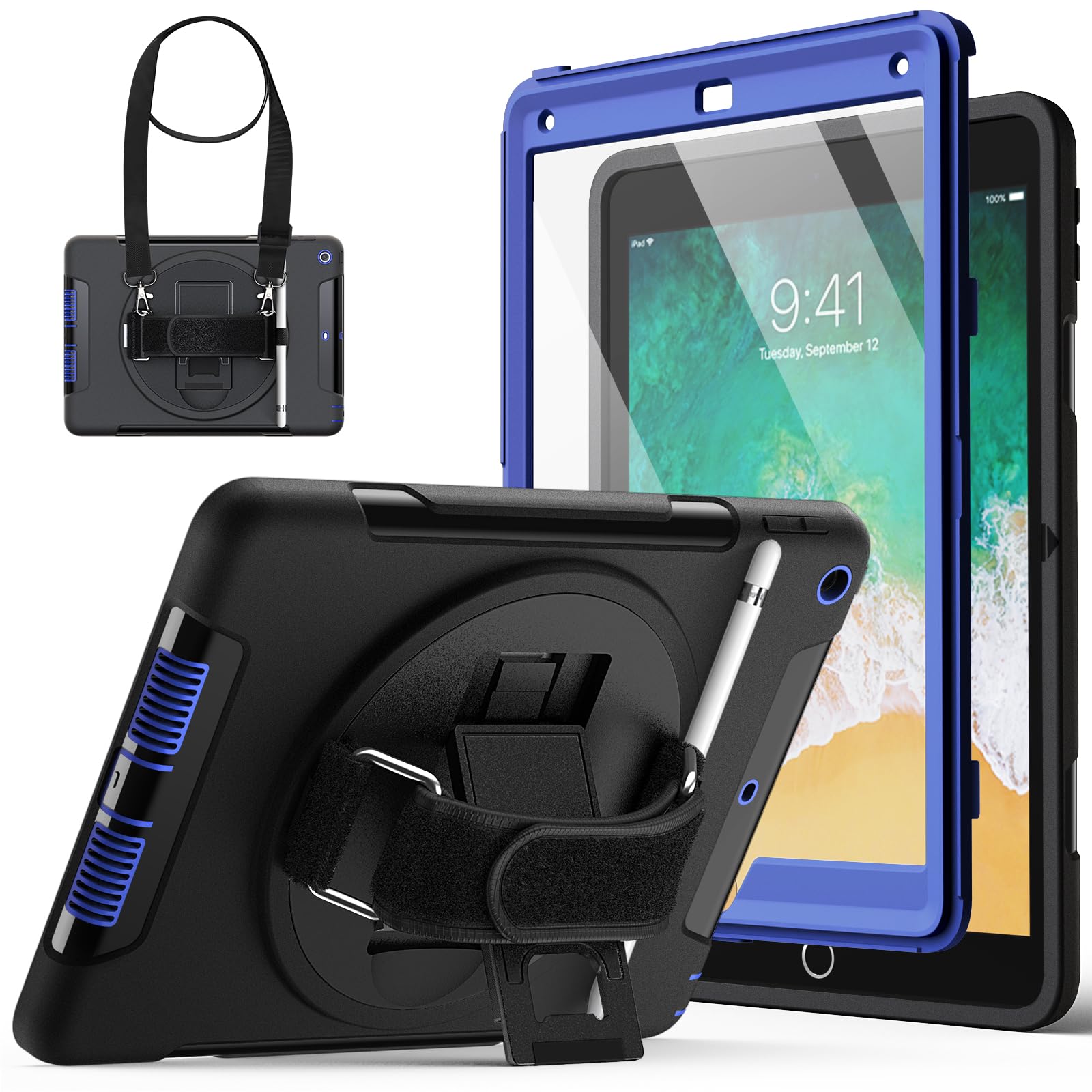 JETech Case for iPad 9.7-Inch (6th/5th Generation, 2018/2017 Model) with Built-in Screen Protector, Protective Shockproof Rugged Tablet Cover, 360° Rotating Hand Strap Stand (Navy)