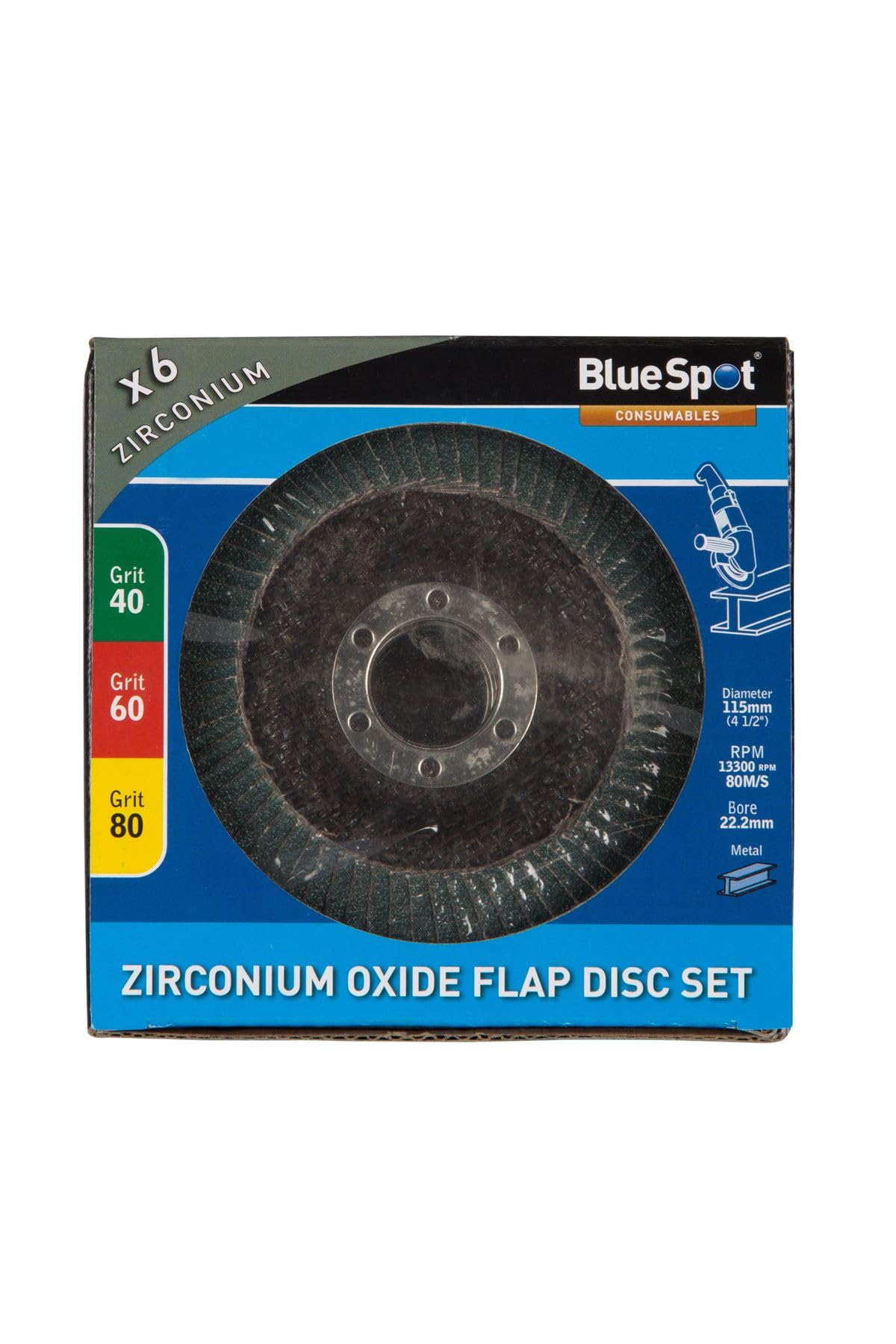 Blue Spot 19689 2 x 40/2 x 60/2 x 80 Grit Zirconium Flap Discs - Black (6-Piece)