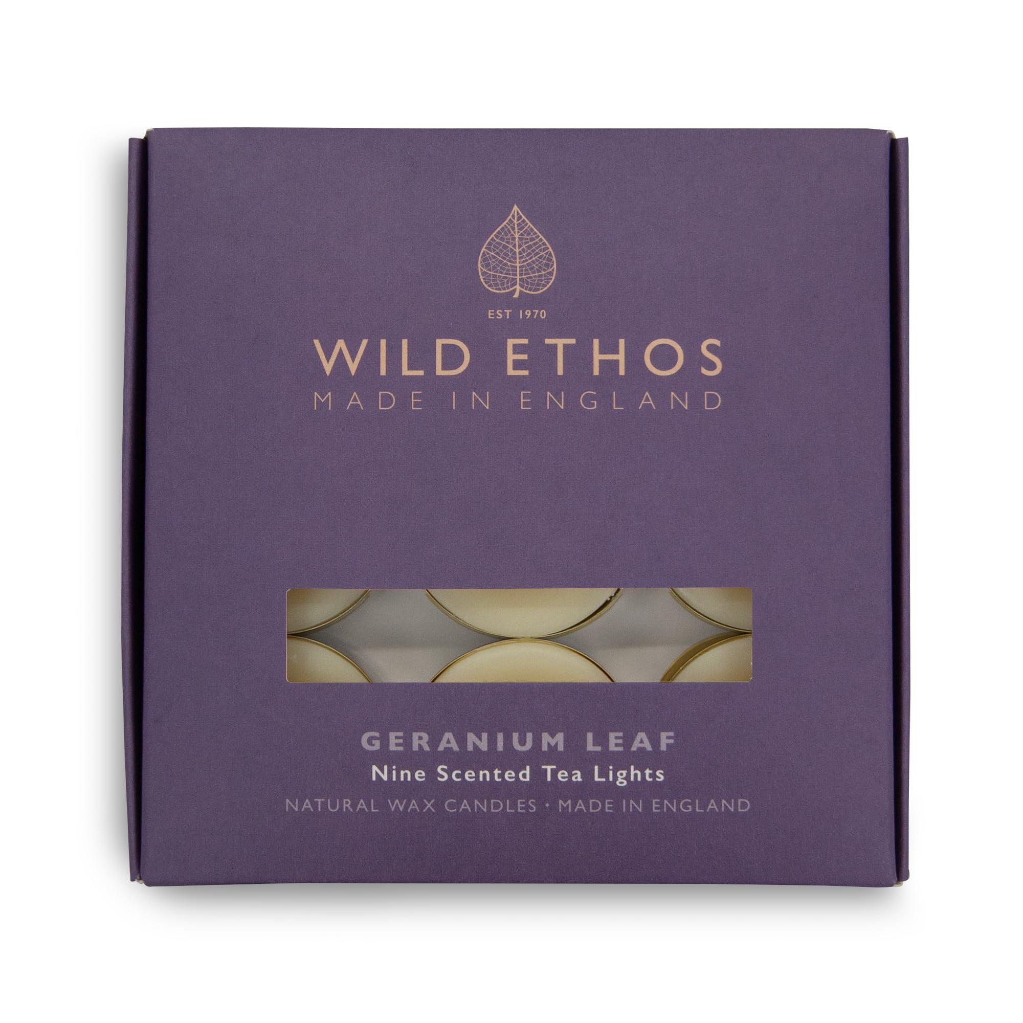 Wild Ethos Scented Tea Lights - Natural Wax - Long Lasting & Blended Natural Essential Oils - Pack of 9 - Made in The UK - Select Your Scent (Geranium Leaf)