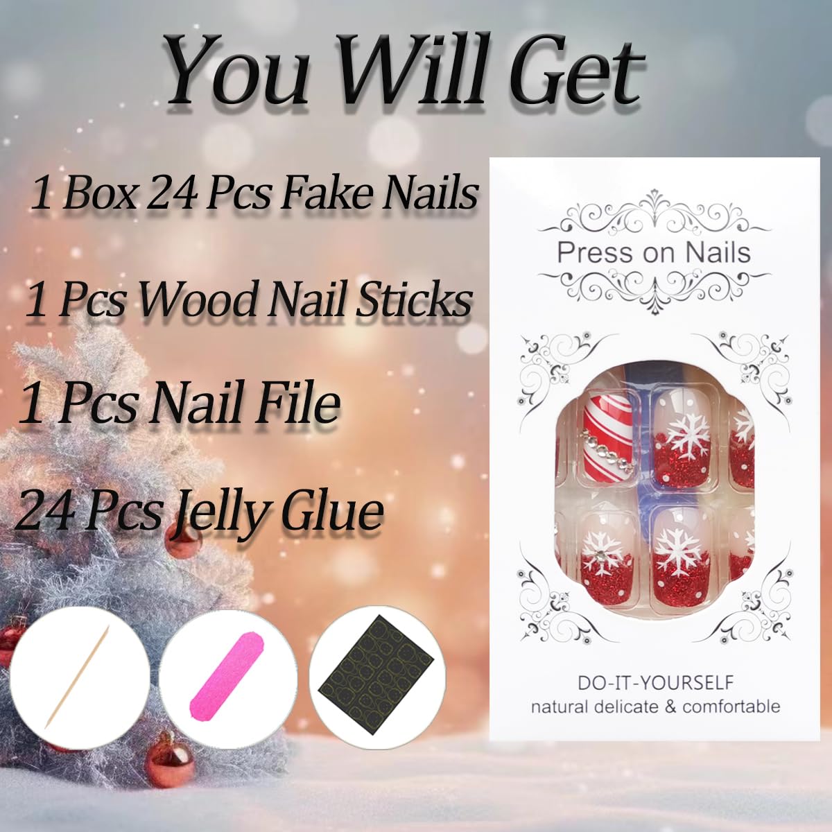 24Pcs Snowflake Press on Nails Christmas Fake Nails Glitter Snowflake French Tip False Nails with Nail Rhinestones Full Cover Nails, Xmas Holiday Red Stick on Nails for Winter DIY Manicure Decorations - Image 4