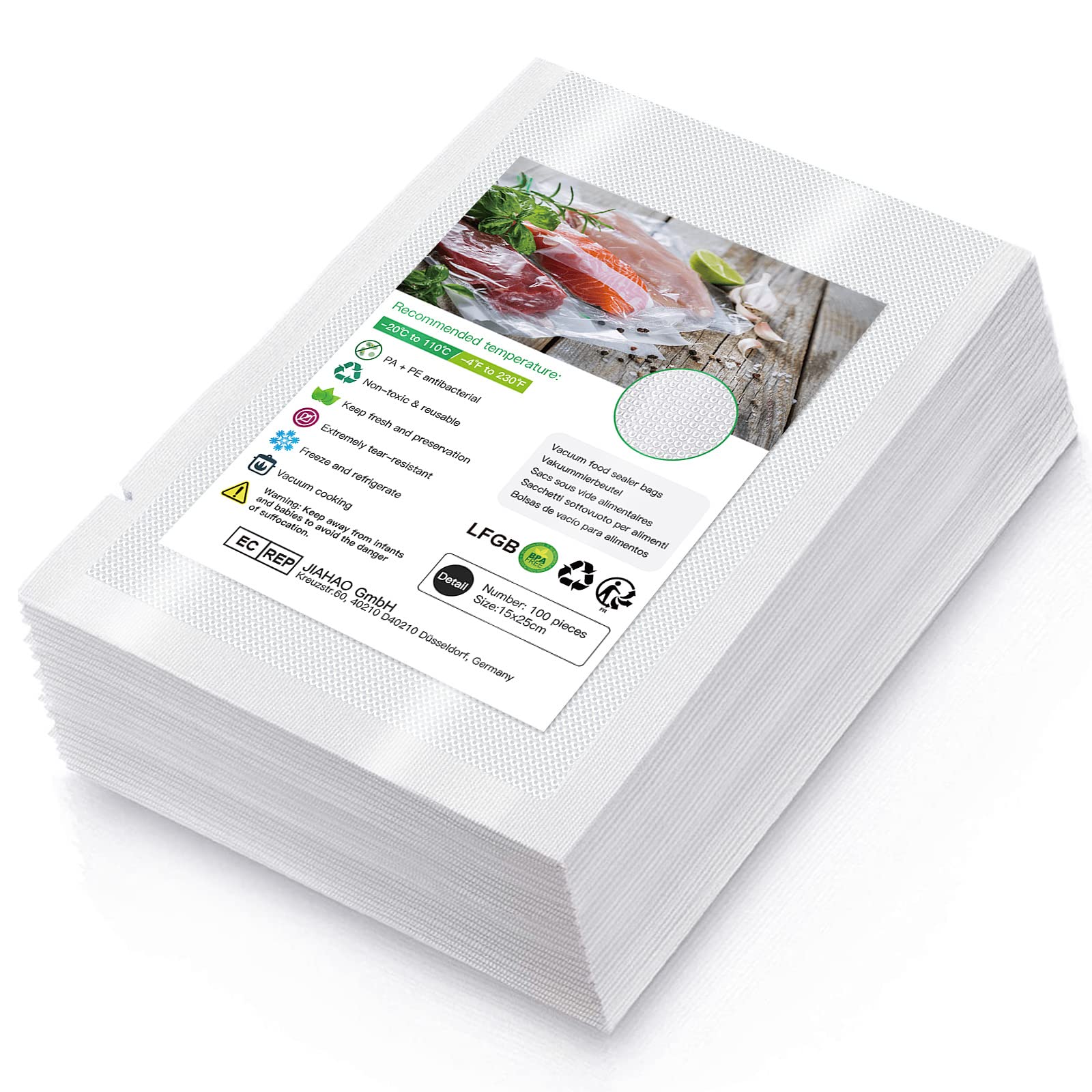 Vacuum Food Sealer Bags 15X25cm 100 Bags Commercial Grade Textured Food Vacuum Sealer Bag Thick Embossed Bags Upgrade Design Pre-Cut Bag BPA Free for Food Storage Sous Vide Cooking