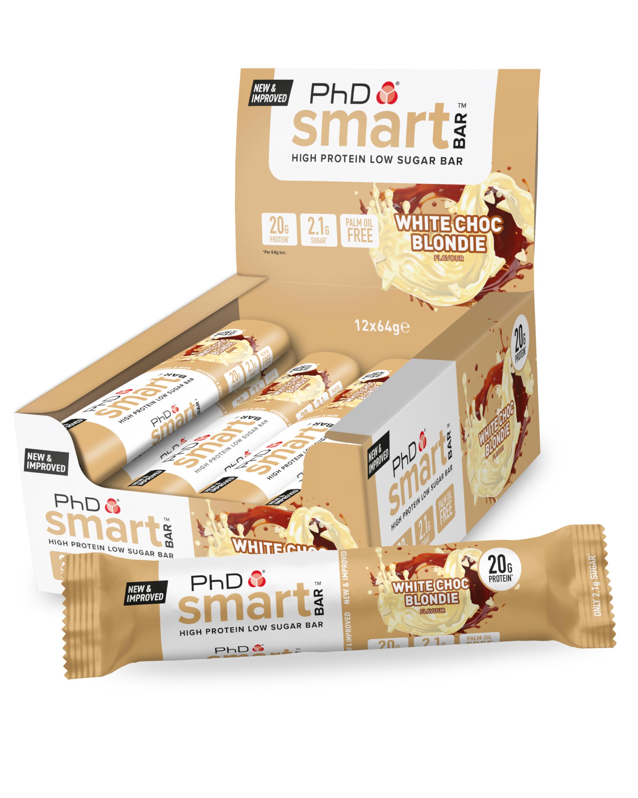 PhD Nutrition Smart Protein Bar Low Calorie, Nutritional Protein Bars/Protein Snacks, High Protein Low Sugar, White Chocolate Blondie Flavour, 21g of Protein, 64g Bar (12 Pack)