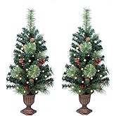2 Pack Christmas Tree,3FT Artificial Christmas Entrance Tree with Ornaments and Lights Battery Oprated,Mini Xmas Trees for Front Door,Pathway, Tabletop, Entryway, Entrance Christmas Decorations