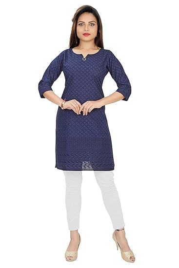 Casual & Daily Wear Cotton Chikankari Embroidery Kurti Dress for ladies and Girls in Blue.