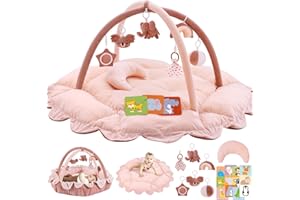 FORYOOMI 5-in-1 Plush Baby Play Gym, Baby Play Mats, Convertible Baby Gym with Pillow, Tummy time mat, 6 Sensory Toys, Baby Activity Center from Newborn to Toddler, Pet Bed, Cat & Dog Bed, Ball Pit, Pink