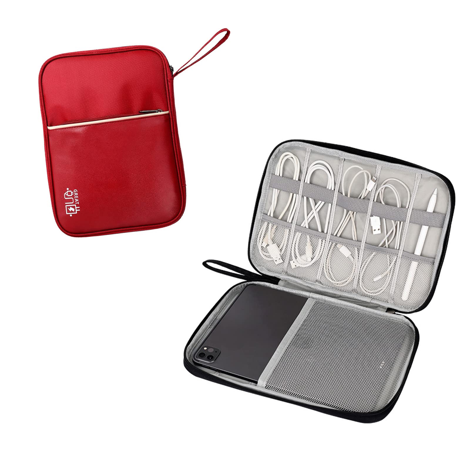 Hosoncovy PU Leather Electronic Accessories Travel Storage Bag Cable Organizer Bag USB Flash Drive Case Tablet Case for Ipad Tablet Phone Cables Earphone USB Thumb Stick Drive (Red)