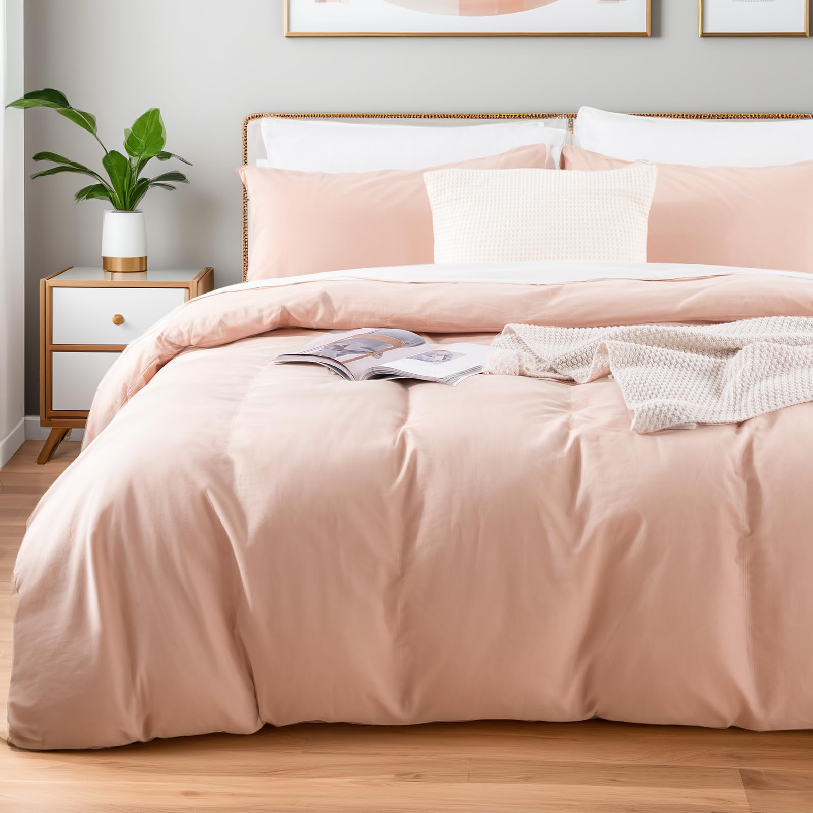 Photo 1 of NEXHOME PRO Duvet Cover Set Queen Size Linen Feel Textured Organic Natural 100% Washed Cotton Duvet Cover 3 Pieces Bedding Set with Zipper Closure, Breathable Dusty Pink (No Comforter)