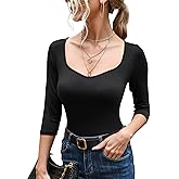 Micoson Women's Basic 3/4 Sleeve Shirts Slim Fit Sexy Sweetheart Neckline Top Stretch Tight Solid Color Tees