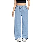 OYOANGLE Girl's Elastic Waist Straight Leg Jeans Loose Pull on Denim Pants with Pockets