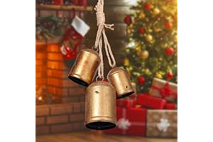 ZESLIWY Christmas Bells for Decoration, Set of 3 Rustic Vintage Gold Bell Country Harmony Lucky Metal Cowbells with Hemp Rope for Christmas Tree Wreaths Doors Windows Decorations