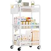 YASONIC 3 Tier Metal Rolling Cart, White Utility Storage Cart with Wheels | Metal Mesh Craft Cart With Hooks &amp; Hanging Cups, Ideal For Kitchen, Bathroom, Office, Dorm, Art Workspace, Bedside Storage