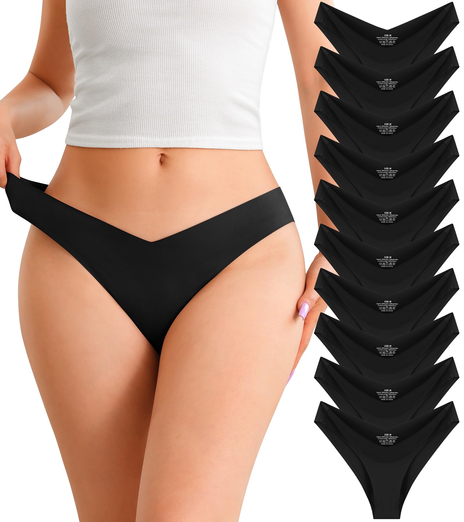 Photo 1 of OLIKEME Womens Seamless Underwear No Show Bikini Invisibles Hipster Soft Stretch Sexy V-Waist Cheeky Panties 10 Pack M