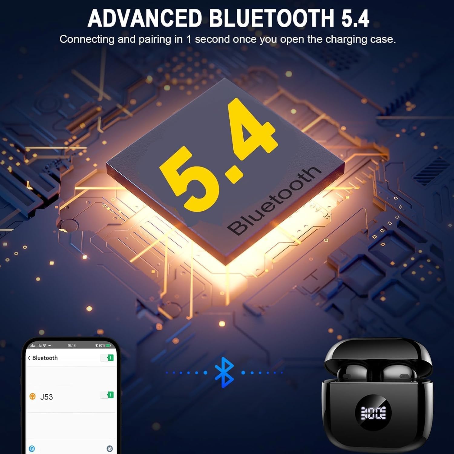 Jxrev J53 Bluetooth Earbuds pairing with a smartphone