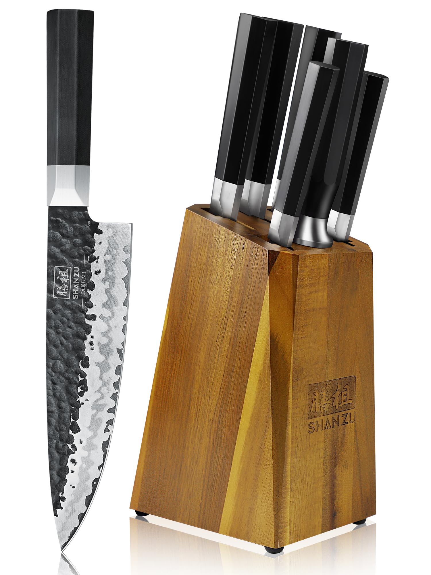 Photo 1 of SHAN ZU 7-Piece Japanese Knife Set - 7 Layers 9Cr18MoV High Carbon Steel Kitchen Knife Set with Block and Sharpener,Ultra-Sharp Chef Knife Set with G10 Handle