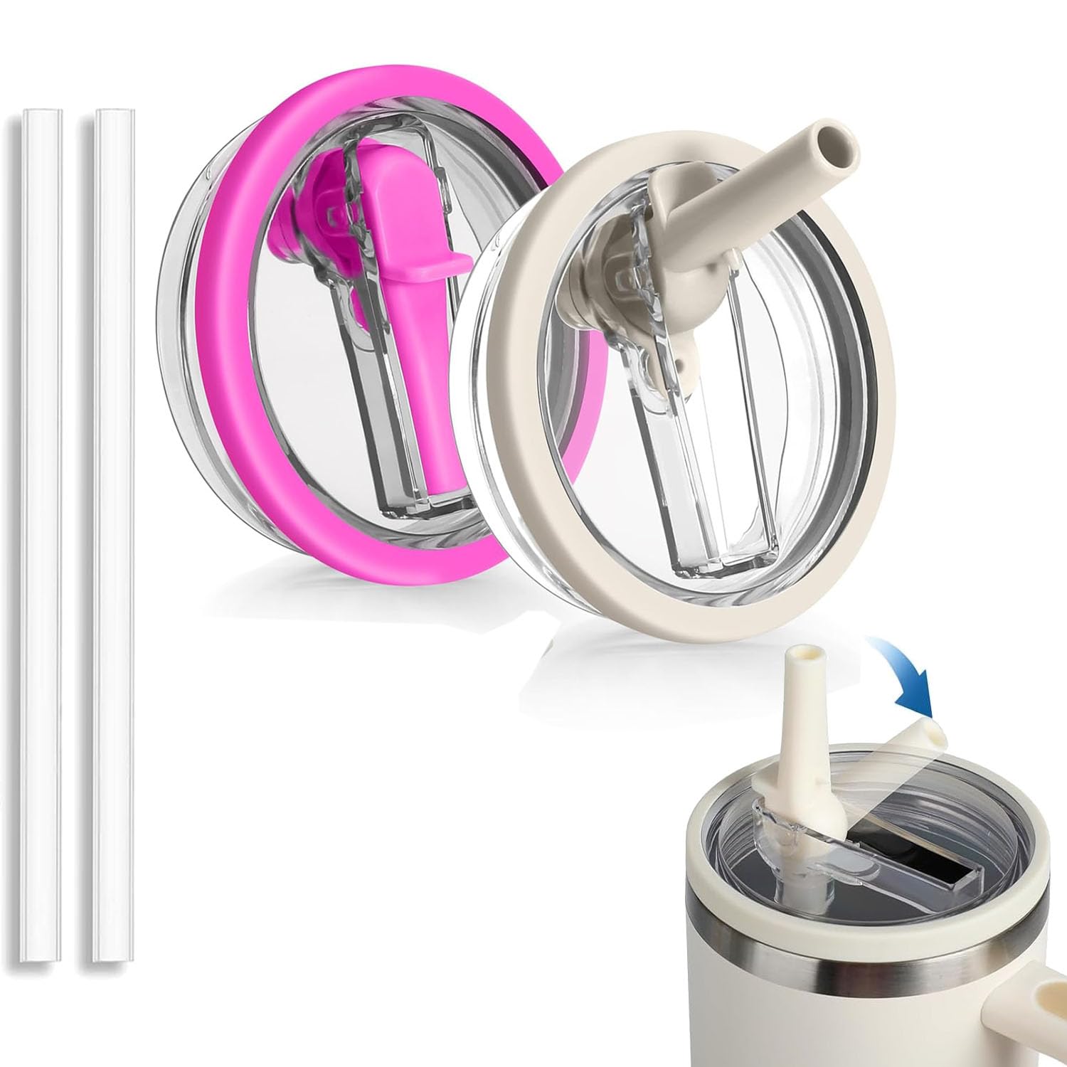 Photo 1 of 2 PCS 40 oz Replacement Tumbler Flip Fit for Stanley Quencher and Traveler?Straw Lids Spill Proof Splash Resistant Reusable Tumbler Cover for Car Cup Tumbler Lid with Straw (2PCS Beige&Hot Pink)