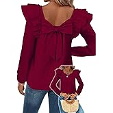 Falechay Womens Bow Tie Back Tops Square Neck Long Ruffle Sleeve Shirts Cute Babydoll Chiffon Texture Women Fall Trendy Tunic