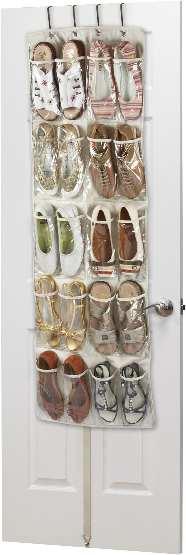 Brilliant Feet G0061 - Heavy Duty 20 Pocket Over Door Hanging Shoe Organiser - Robust Oxford Canvas-Type Material (600D) - Reinforced Clear PVC Pockets - 135 x 53 x 7cm - Storage Tidy - Beige