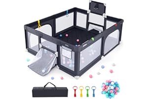 INFANS 74" x 62" Baby Playpen with Soft Mat, Basketball Hoop, 2 Soccer Goals, 4 Handles & 50 Ocean Balls, Breathable Mesh, In