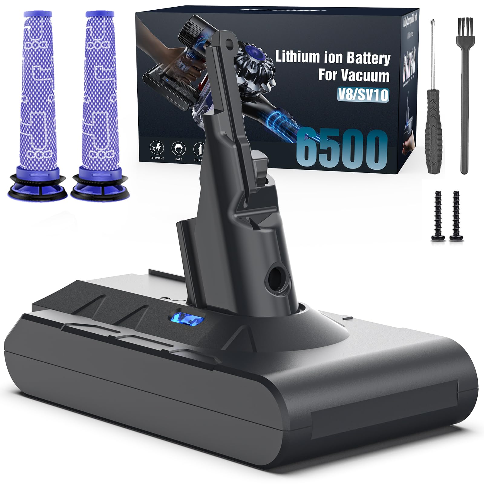 Battery Replacement for Dyson V8, 21.6V 8000mAh Li-ion Battery Compatible with SV10 V8 Animal V8Absolute V8Motorhead V8Carbon Fiber V8Fluffy Series Cordless Vacuum, 2 Filters and 1 Post-Filter