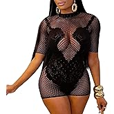 WEICHUJIAN Women Sexy Mesh Hollow Jumpsuit Club Rave Party Summer Bodysuit Lace Short Romper