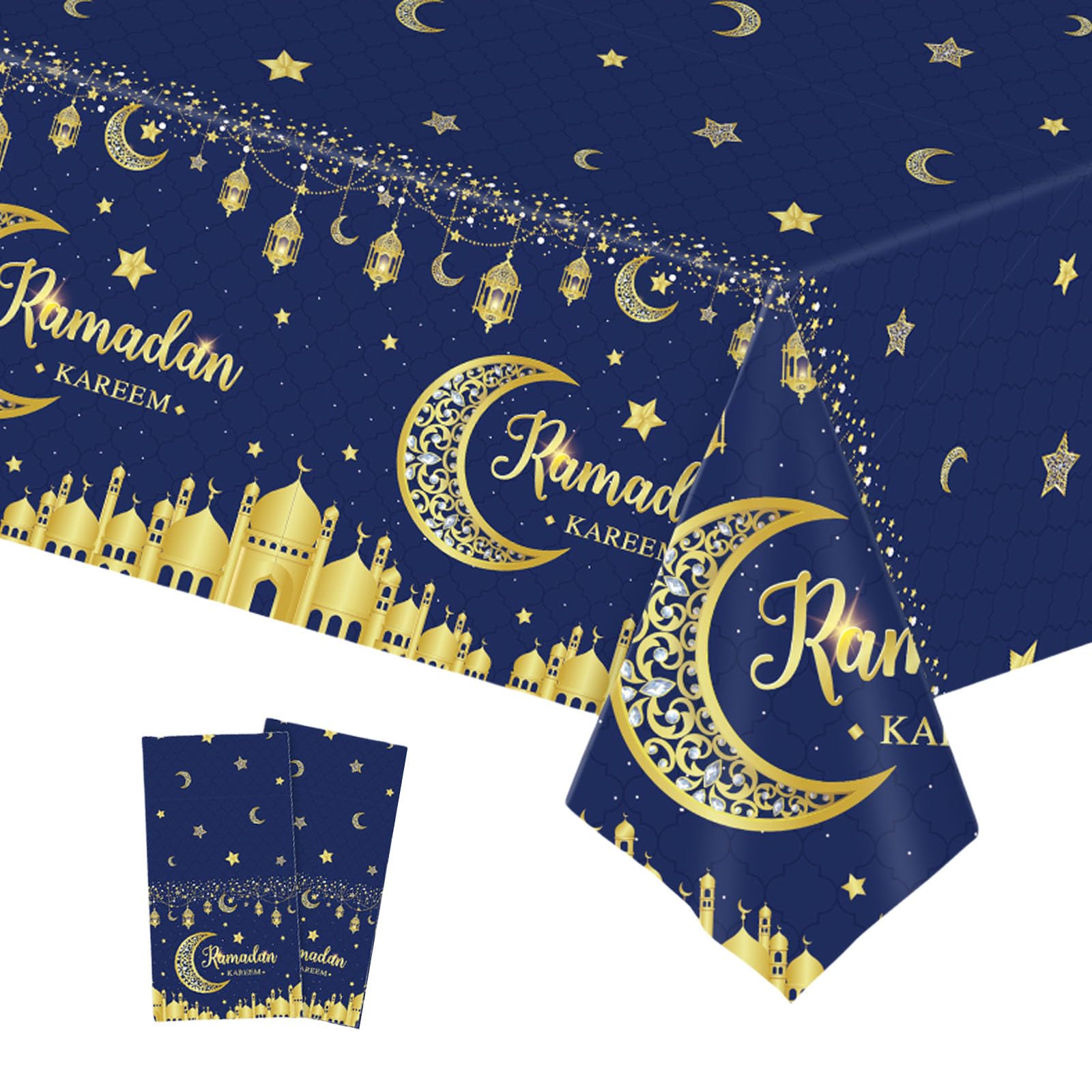 COSORO 2pcs Blue Gold Eid Al-fitr Table Cloth Eid Ramadan Mubarak Tablecloths,137 * 274cm Eid Decorations Moon Star Tablecover Plastic Tablecloth for Ramadan Umrah Mubarak Islam Muslim Decorations