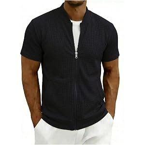 Mens Waffle Shirts Full Zip Up Short Sleeve Textured Jacket Shirt Casual Stand Collar Sport Summer Tops with Pockets