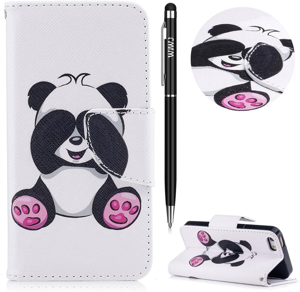 iPhone 5 Cases Flip Case iPhone 5S Case Leather,iPhone SE Wallet Case,WIWJ Lovely Panda Printing Protective Cover Slim Soft Cover for Girl Boys with Card Holder Case FIT iPhone 5/5S/SE-Shy Panda