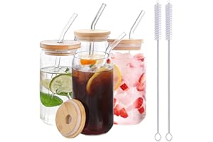 4 Pcs Set Glass Cups with Bamboo Lids and Straws, 16oz Glass Cups, Iced Coffee Glasses, Beer, Cocktail, Tea and Latte Clear w