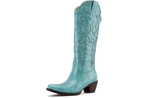 GORBINETI Women Cowboy Boots Mid Calf Cowgirl Boots Western Red Boots Embroidered Suede Pull On Almond Toe Chunky Heel